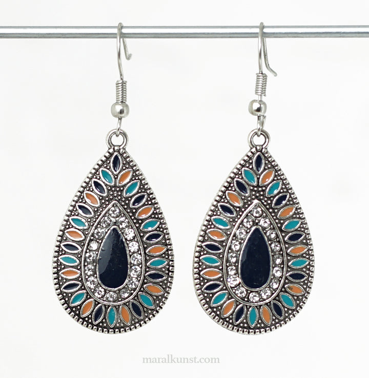 Indian handcrafted local artistry Bohemian Dark Blue enamel colour Brass Earrings