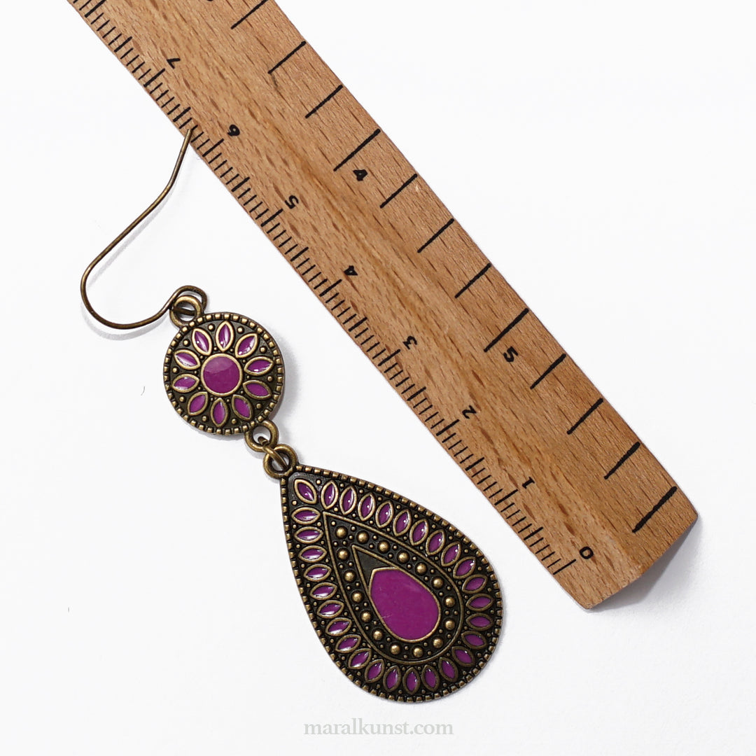 Indian handmade local artistry Bohemian purple brass drop enamel colour earrings