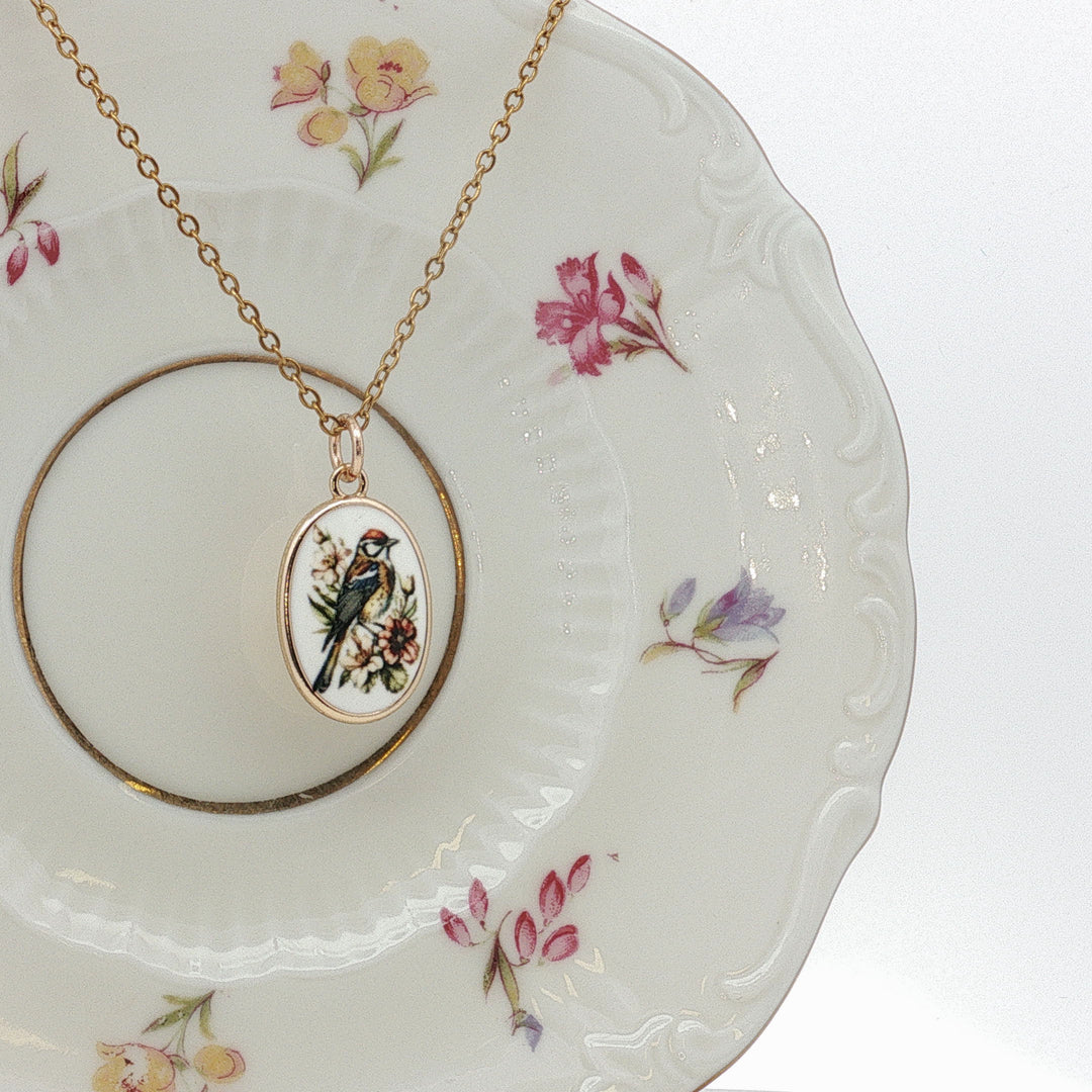 Gol o Morgh – Hand-Painted Ceramic Bird & Flower Necklace