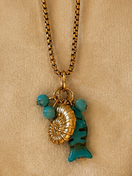 Maral Design Turquoise Fish & Shell Necklace – Ocean-Inspired Gold PVD Stainless Steel Charm Necklace
