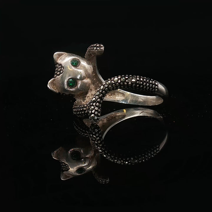 Azteca Emerald Cat Ring – Mexican Sterling Silver Wrap Ring