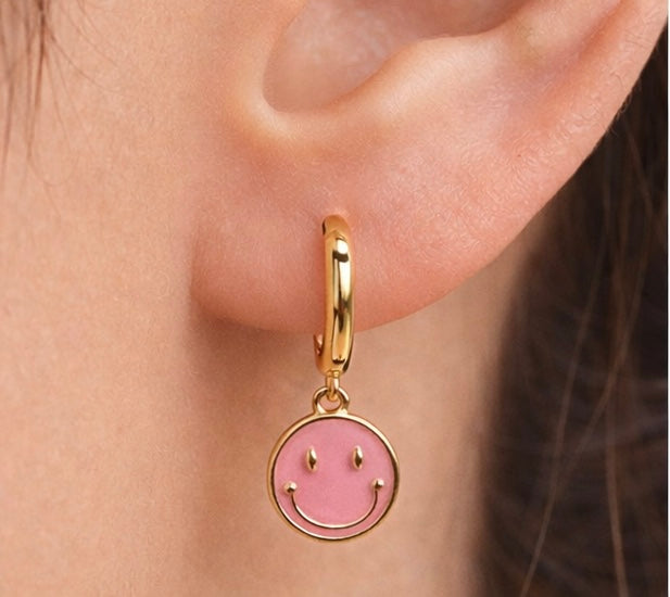 Minimal Happy Smiley Enamel Hoop Earrings – Gold Plated Silver
