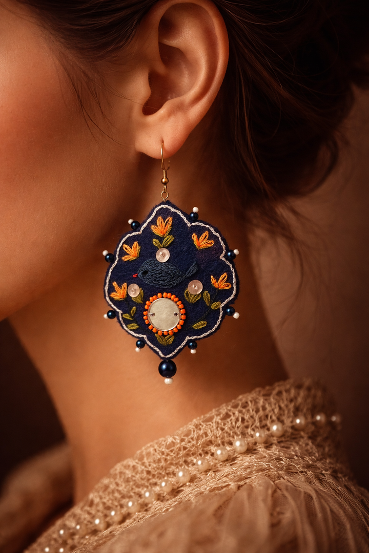 Chehcheh – The Song of Nature embroidered felt & Mirror earring 8cm length