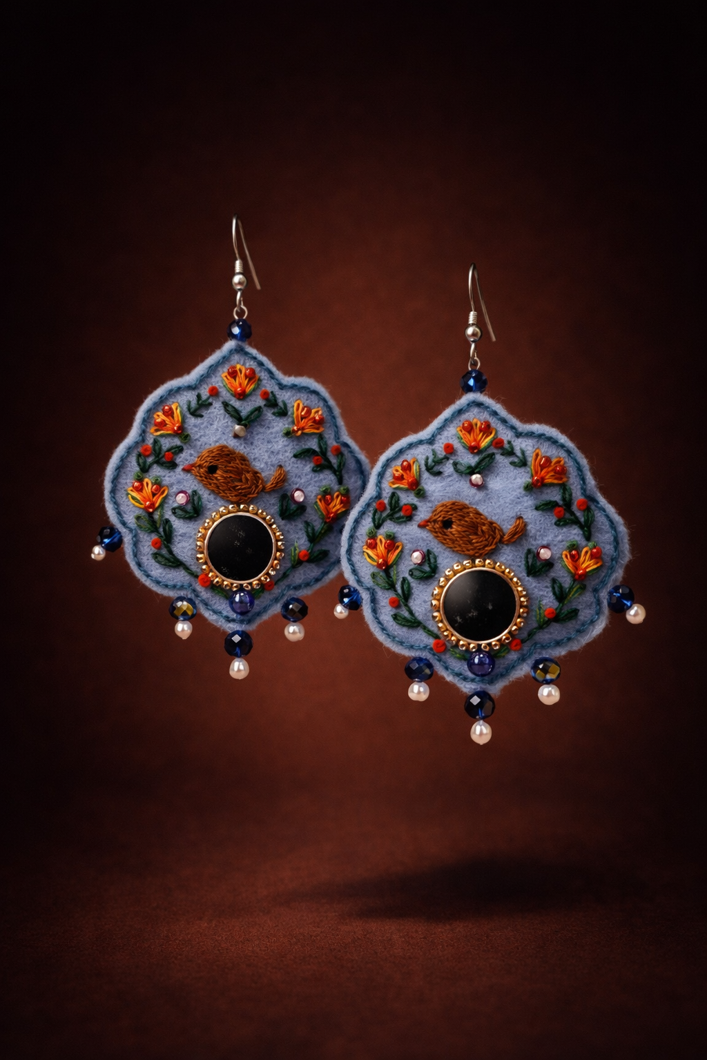 Chehcheh – The Song of Nature embroidered felt & Mirror earring 8cm length