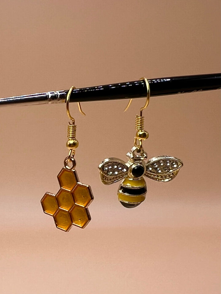 Golden Hive Earrings – Bee & Honeycomb Duo