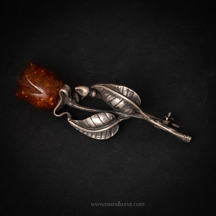 Autumn Rose – Sterling Silver & Amber Brooch