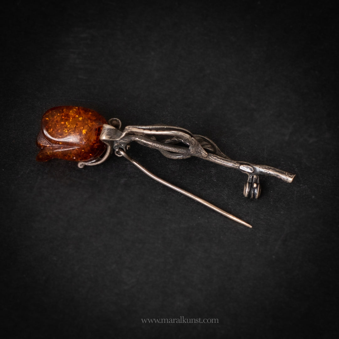 Autumn Rose – Sterling Silver & Amber Brooch