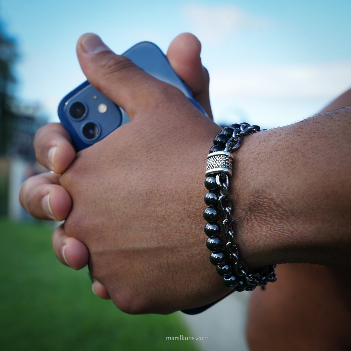 Indian Black onyx Hematite stainless steel bracelet