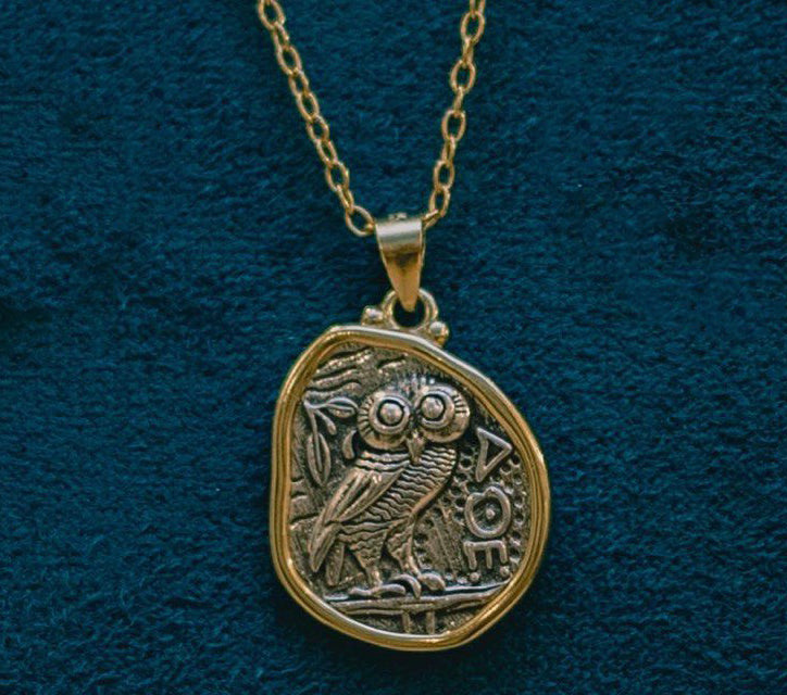 goldplated framed silver owl greek coin necklace