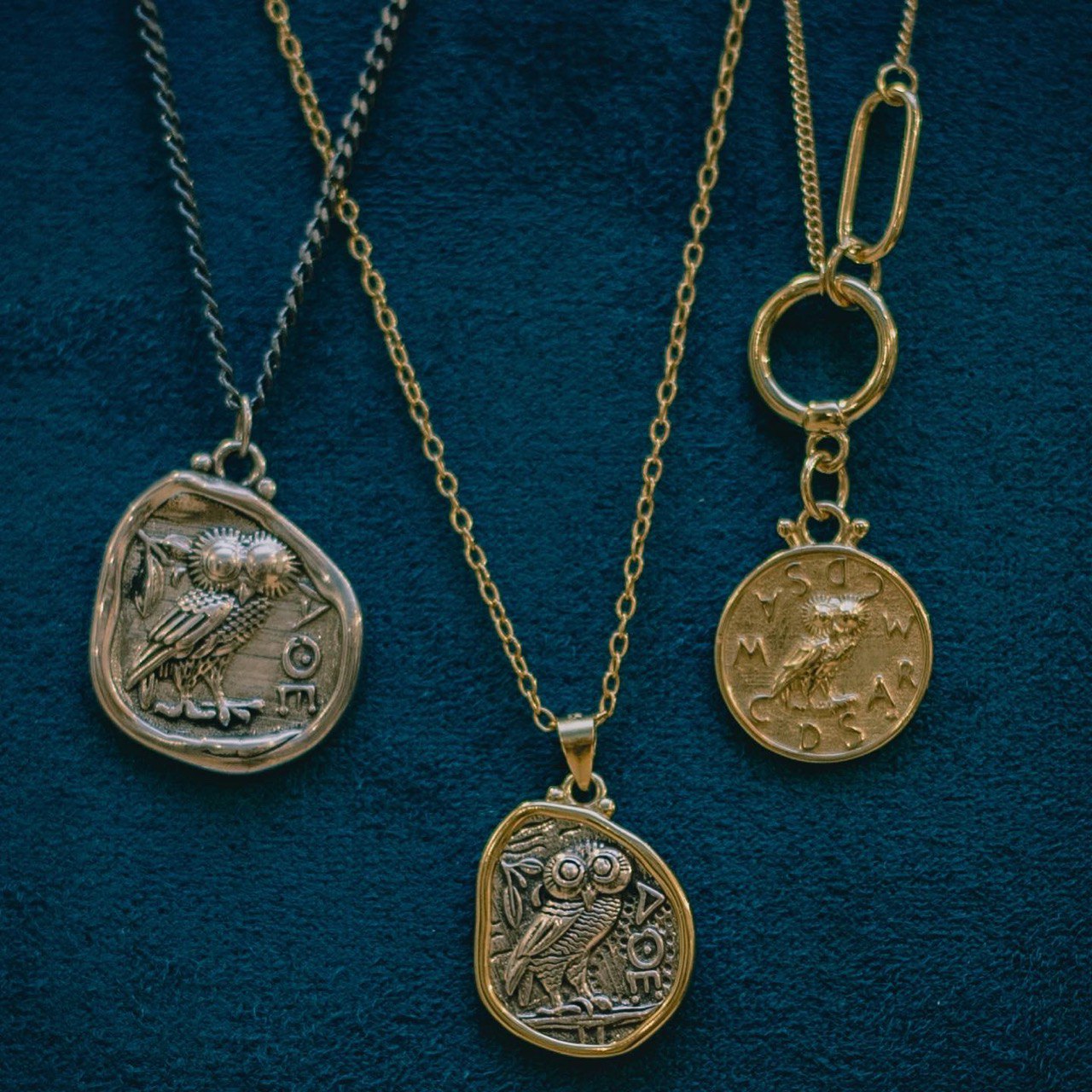 Goldplated silver owl greek coin necklace
