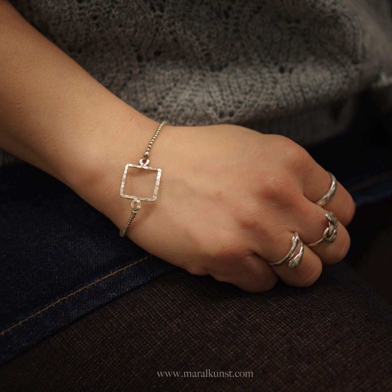 Geometric square shape silver beaded bracelet