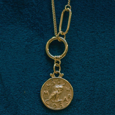 Goldplated silver owl greek coin necklace