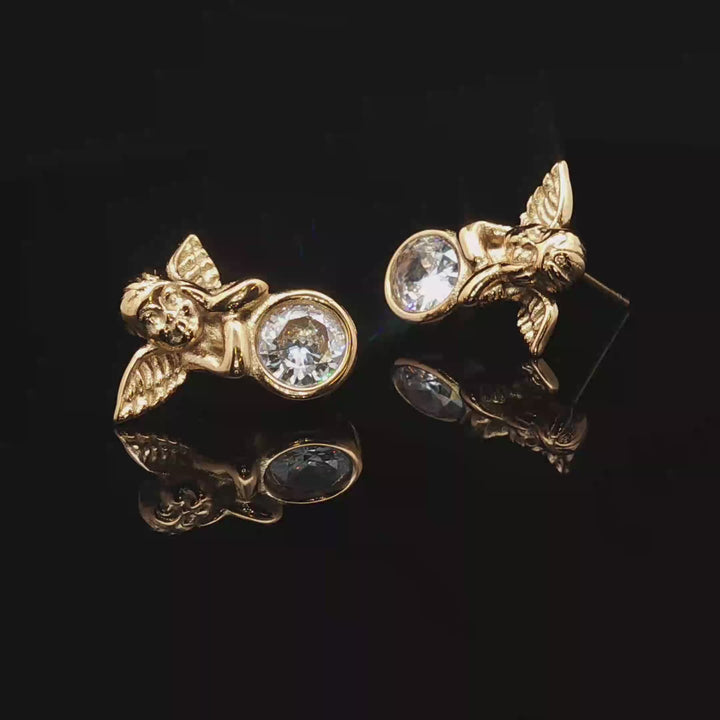 Cherub Angel Stud Earrings – Gold Stainless Steel Crystal Earrings