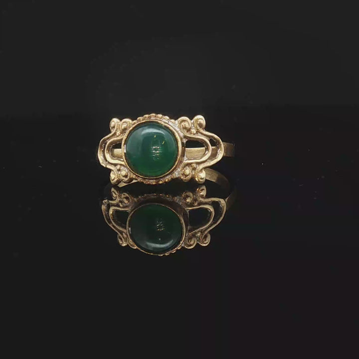 Indian Brass Ring with Green Jade  – Bohemian Ring Size 7