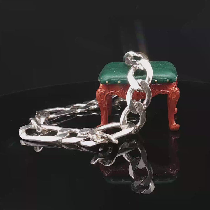 Men’s Sterling Silver Chain Figaro Bracelet –Handmade Taxco Mexico 10mm Heavy Link| 27.48 grams