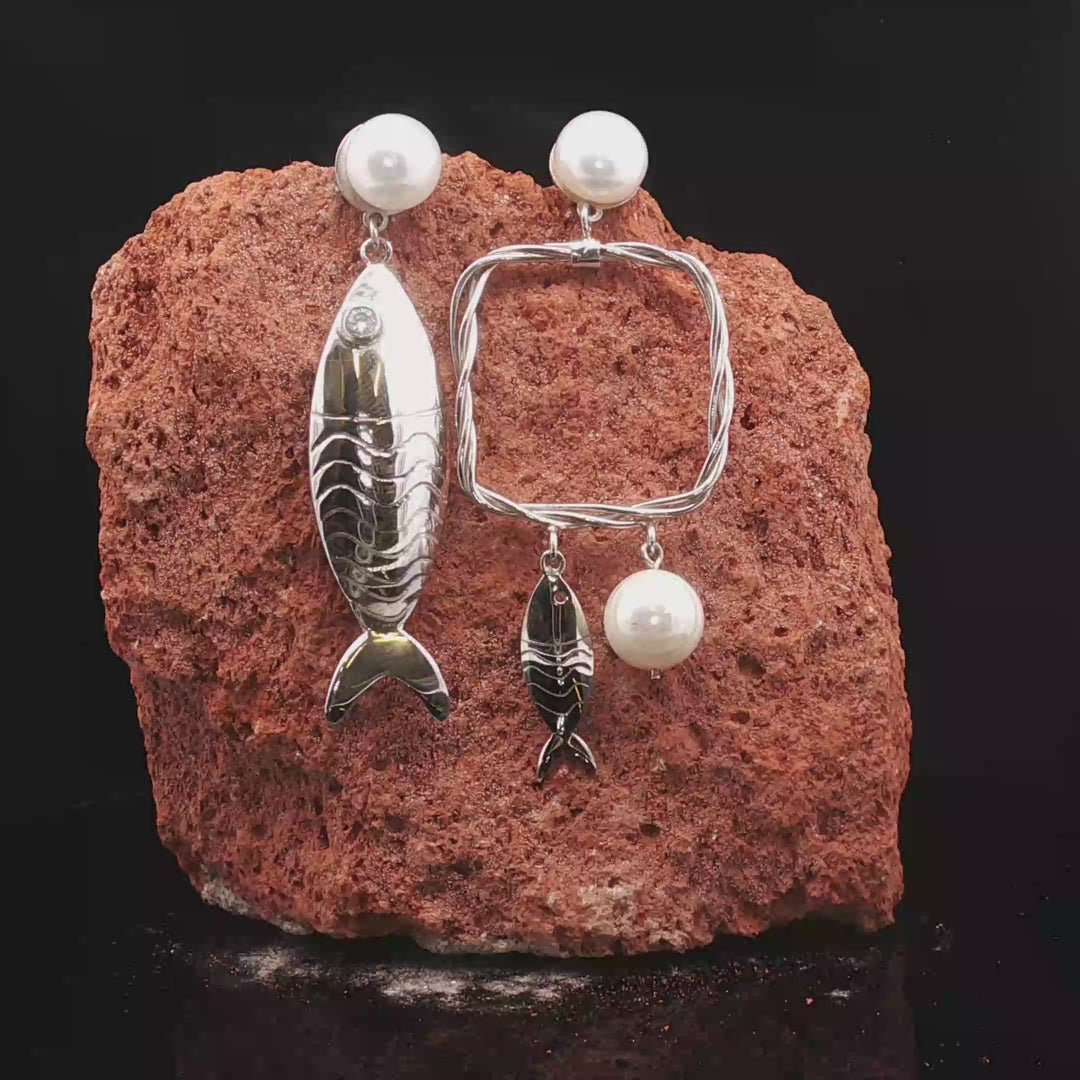 Jaryan Earrings Fish & Pearl — Limited Edition Silver Art Jewelry | premium Collection , Certificate of authenticity
