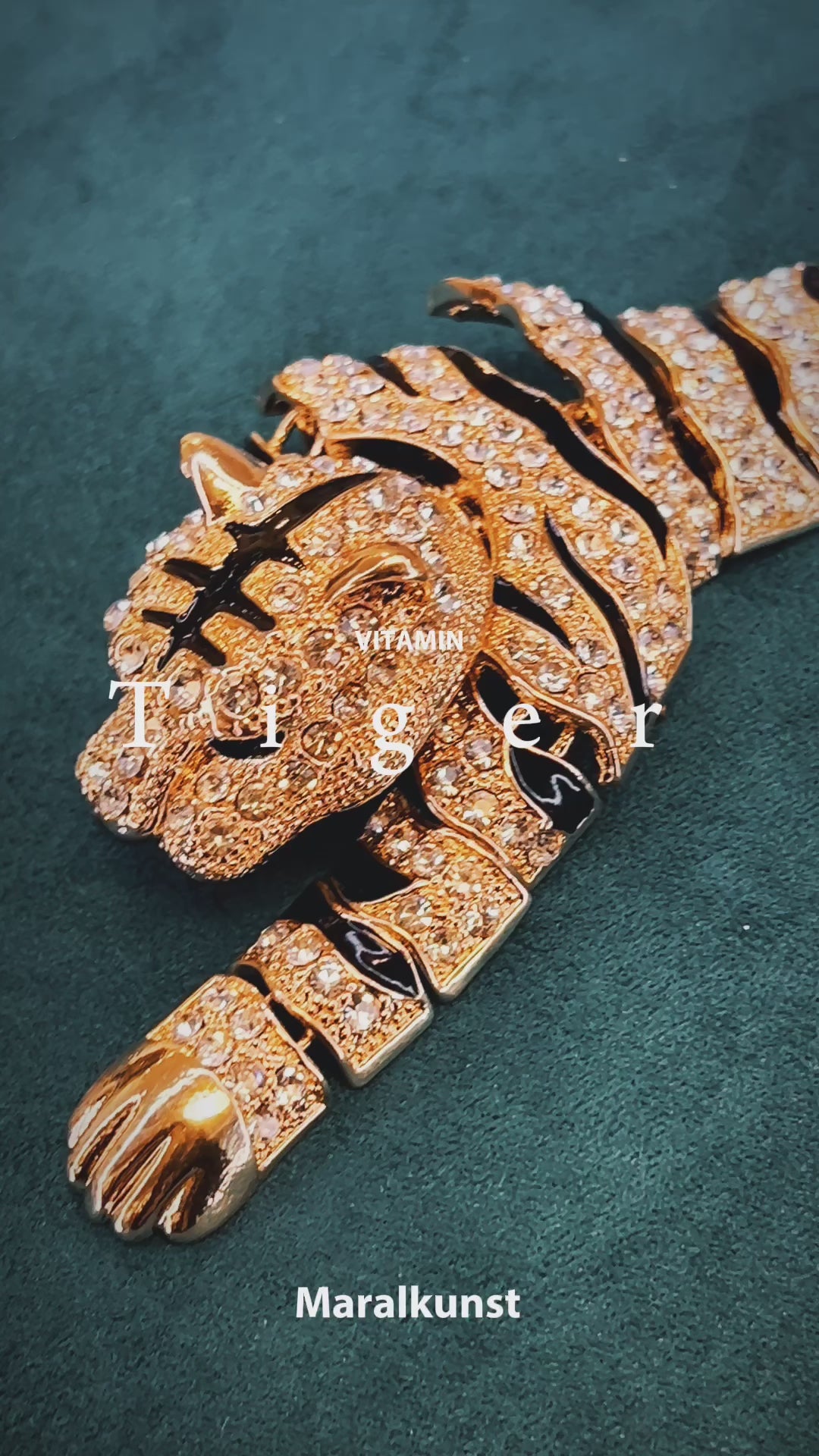 One of a kind Tiger brooch handmade zirconia Chrystal brass