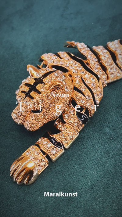 One of a kind Tiger brooch handmade zirconia Chrystal brass