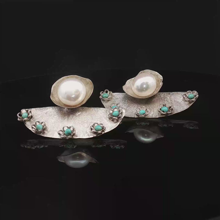 Whispers of the Sea & Sky| Handcrafted Pearl & Turquoise Silver Earrings – Iranian Artisan Statement Jewelry | Maralkunst Oslo