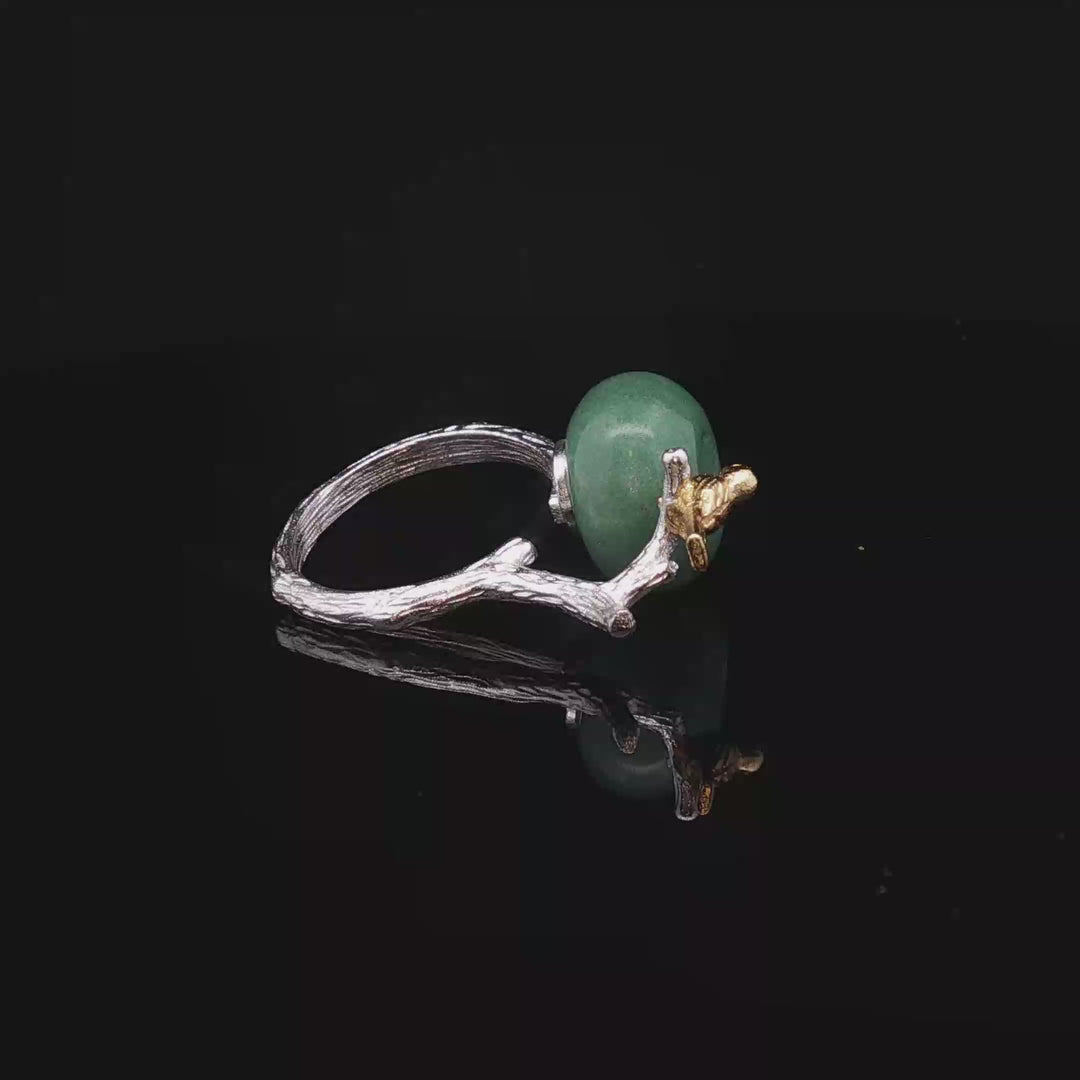 Whispers of Jade – Handmade Silver Ring with Bird & Branch