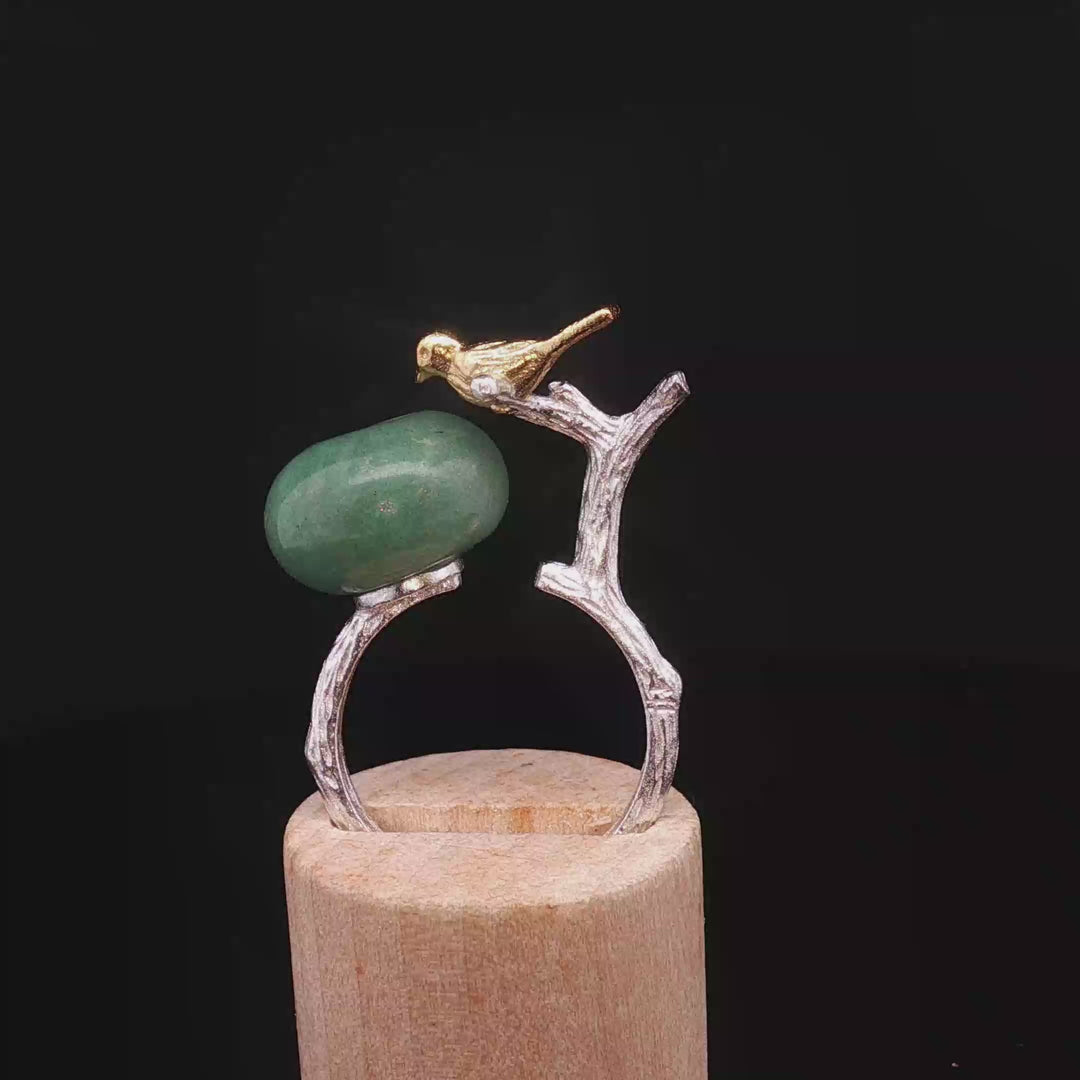 Whispers of Jade – Handmade Silver Ring with Bird & Branch
