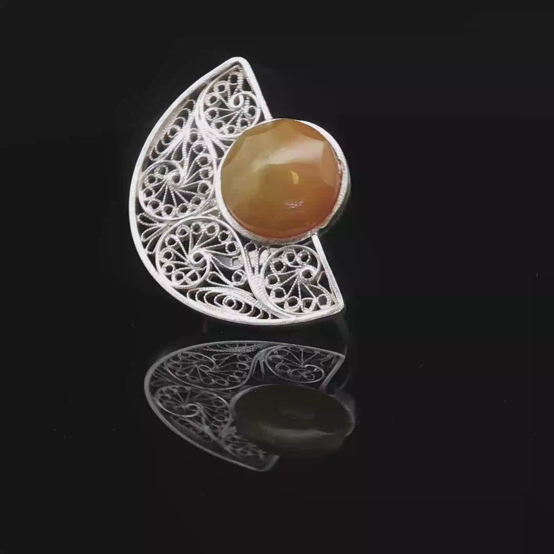 Ring of Truth — Persian Filigree Sun & Earth  yellow Agate 999 sterling silver “Truth does not shout — it glows quietly, like the sun held in silver.”