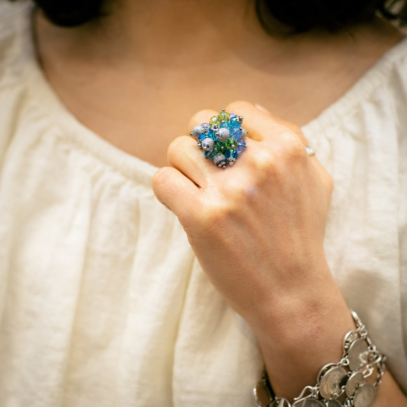 Blue Crystal Beaded Ring in Silver - Maral Kunst Jewelry