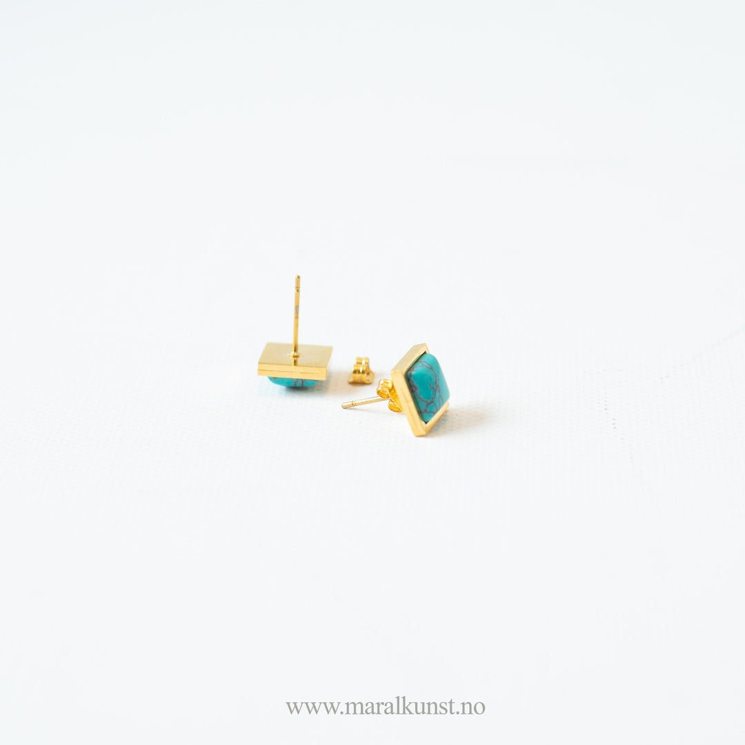 Gold Plated Square Cut Turquoise Stud Earrings - Maral Kunst Jewelry