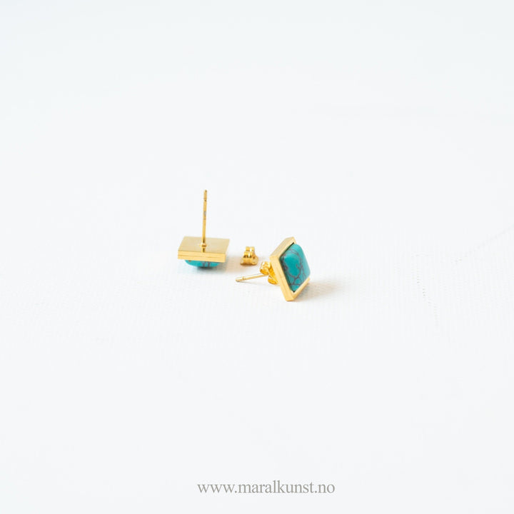 Gold Plated Square Cut Turquoise Stud Earrings - Maral Kunst Jewelry