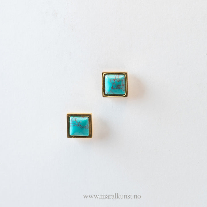 Gold Plated Square Cut Turquoise Stud Earrings - Maral Kunst Jewelry