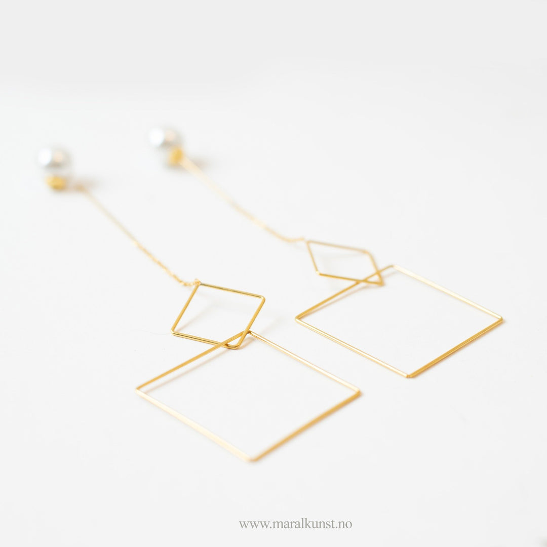 Double Square Dangle Pearl Earrings - Maral Kunst Jewelry