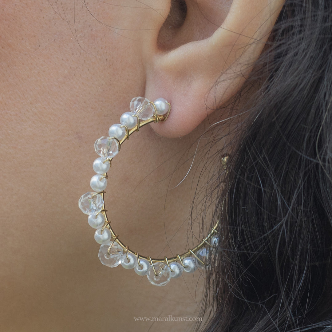 Maral special sparkling handcrafted Indian pearl and crystal hoop earrings
