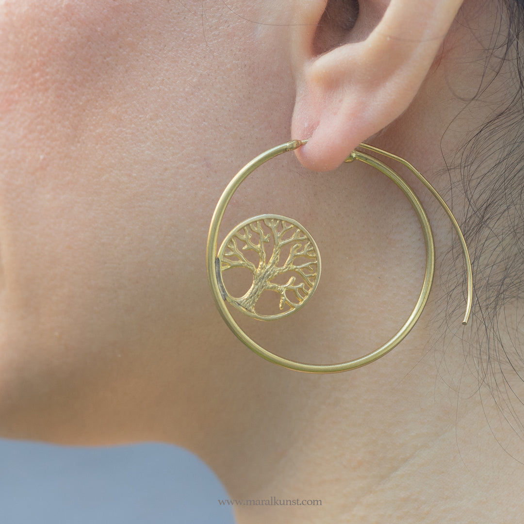 Greek Tree of life spiral handcrafted brass earrings