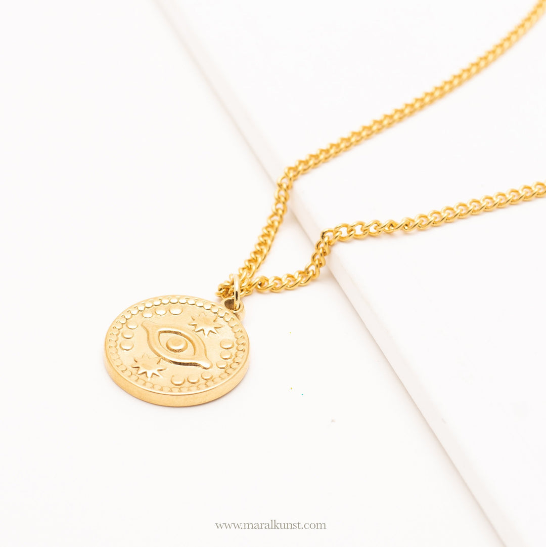 Golden Evil Eye Coin Pendant Necklace - Maral Kunst Jewelry
