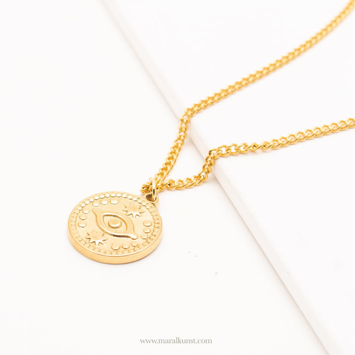 Golden Evil Eye Coin Pendant Necklace - Maral Kunst Jewelry