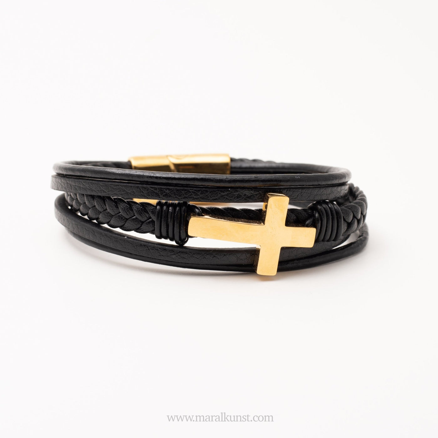 Cross Black Leather Gold Bracelet - Maral Kunst Jewelry