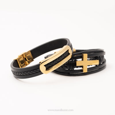 Cross Black Leather Gold Bracelet - Maral Kunst Jewelry