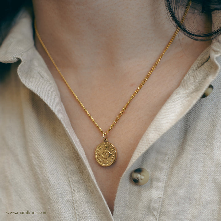 Golden Evil Eye Coin Pendant Necklace