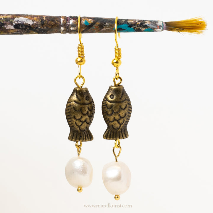 Maral creation Brass Fish with Fresh Pearl Earrings