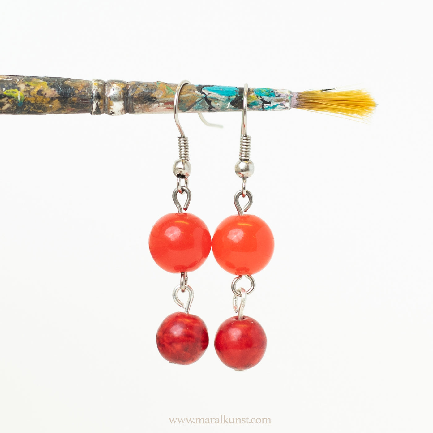Drop red coral stone earrings