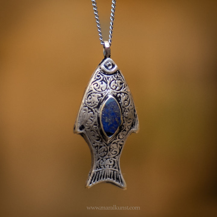 Vintage Herritage lapis lazuli Turkmen fish charm pendant stainless steel necklace