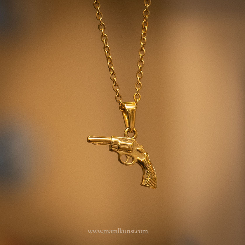 Gun gold-plated steel necklace
