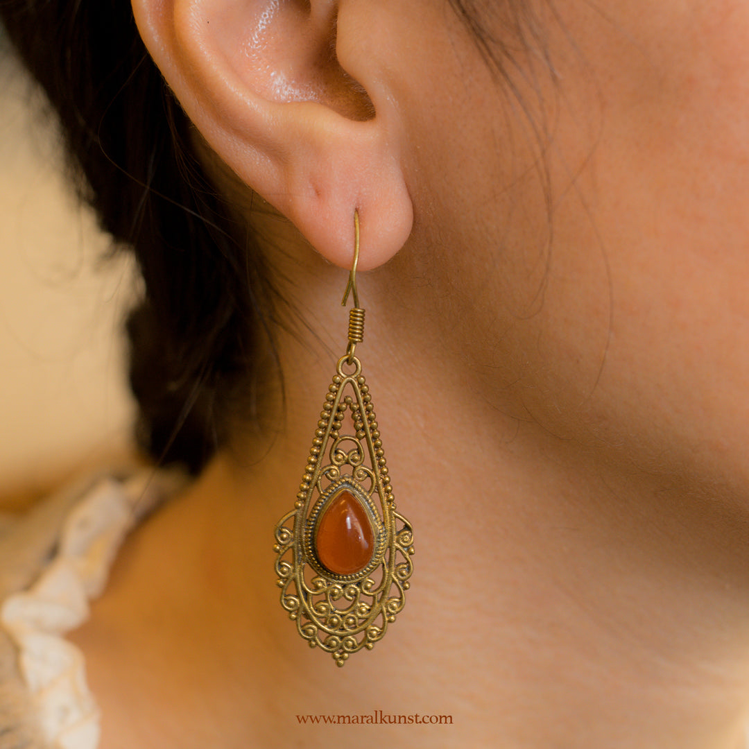 Bali Brass handmade local artistry bohemian red Agate drop earrings