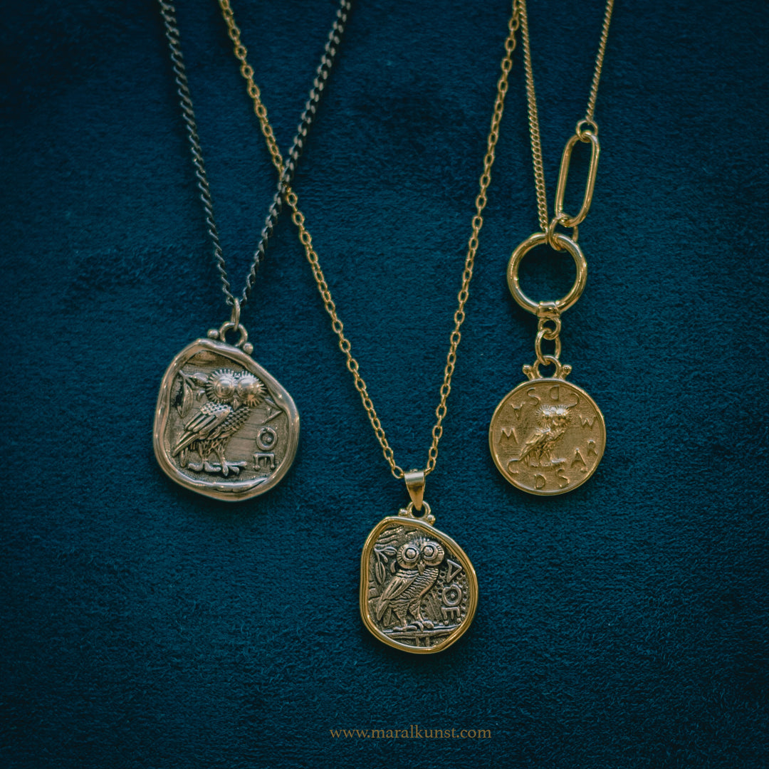 Greek Owl coin Pendant 925 silver goldplated Necklace