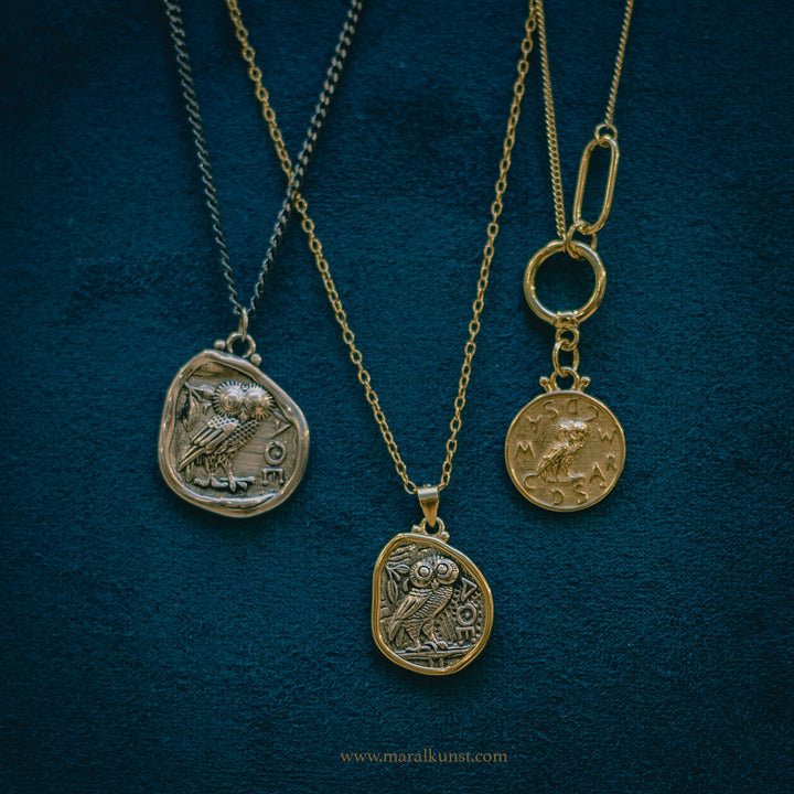 Greek Owl coin Pendant 925 silver goldplated Necklace