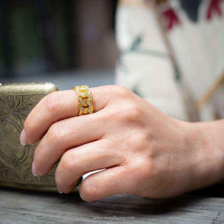 Maral special handmade Indian Brass Goldplated crystal cuban chain ring one only for only one