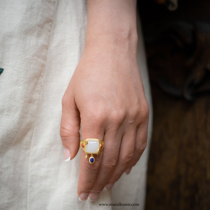 Asian Gold Plated 925 Silver Cube Stone Ring – Minimalist Natural Gemstone Jewelry