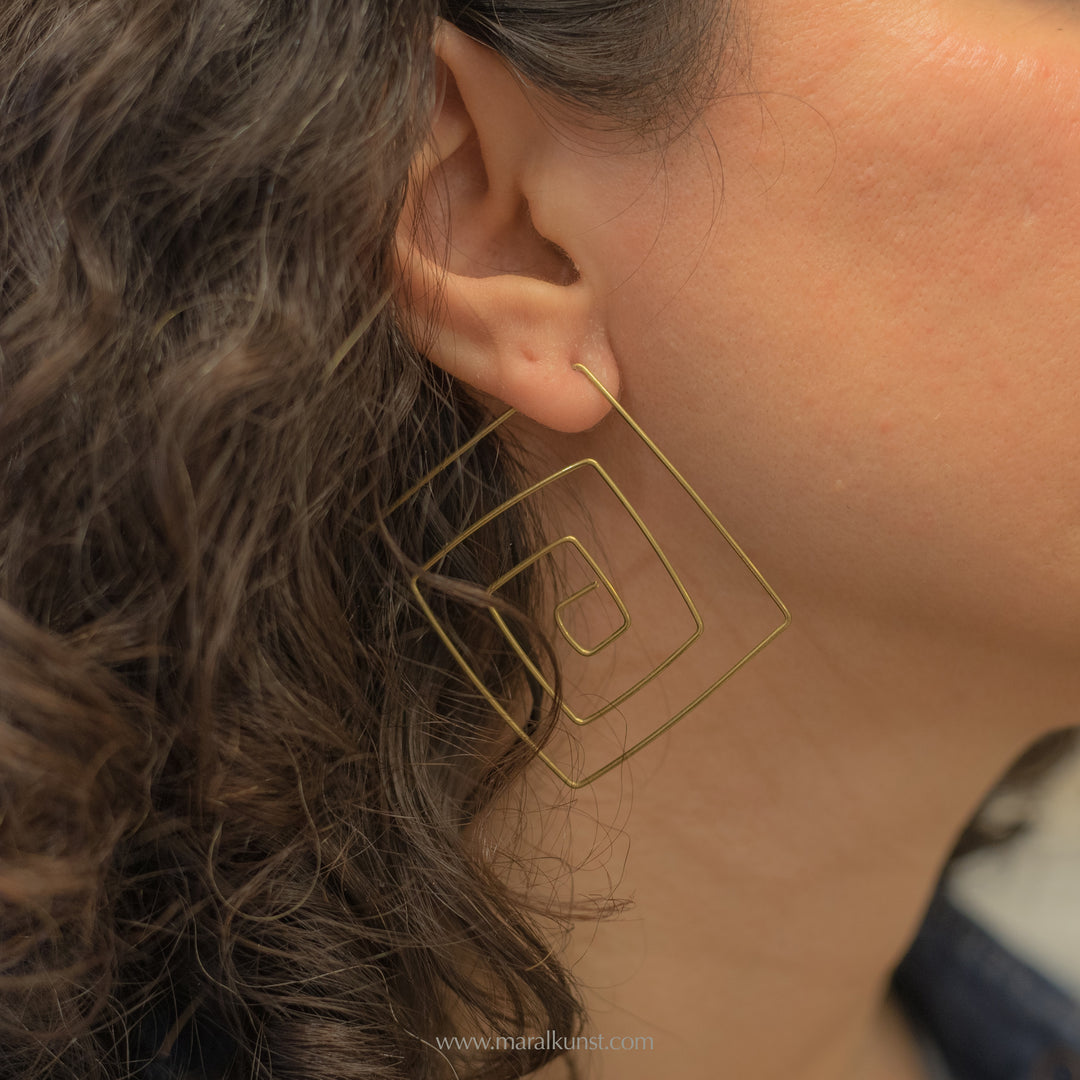 Iranian handmade local Brass geometric spiral square special Earrings