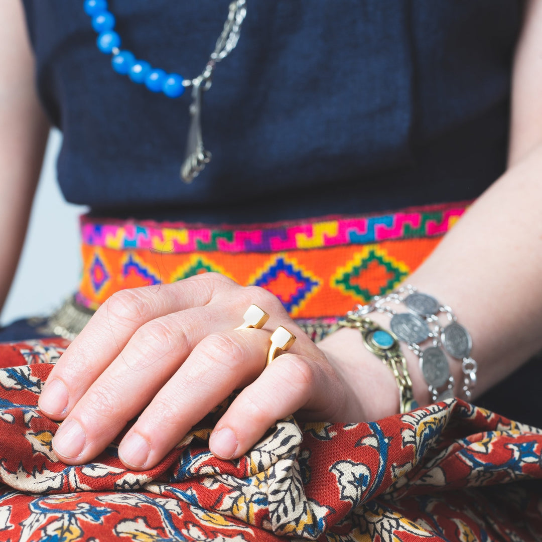 a women wears a ring in gold plated steel