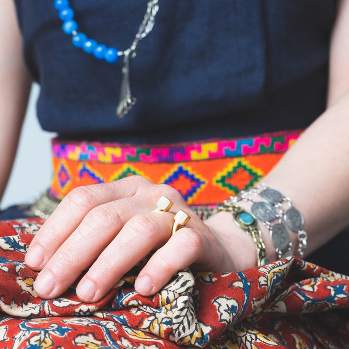 a women wears a ring in gold plated steel